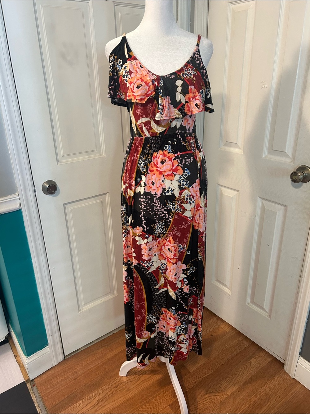 Express Black Maxi Dress with Pink Floral Print
